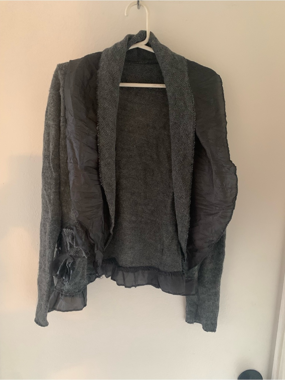 Women's Dark Gray Open-Front Cardigan with Sheer Trim, Made in Italy, size M